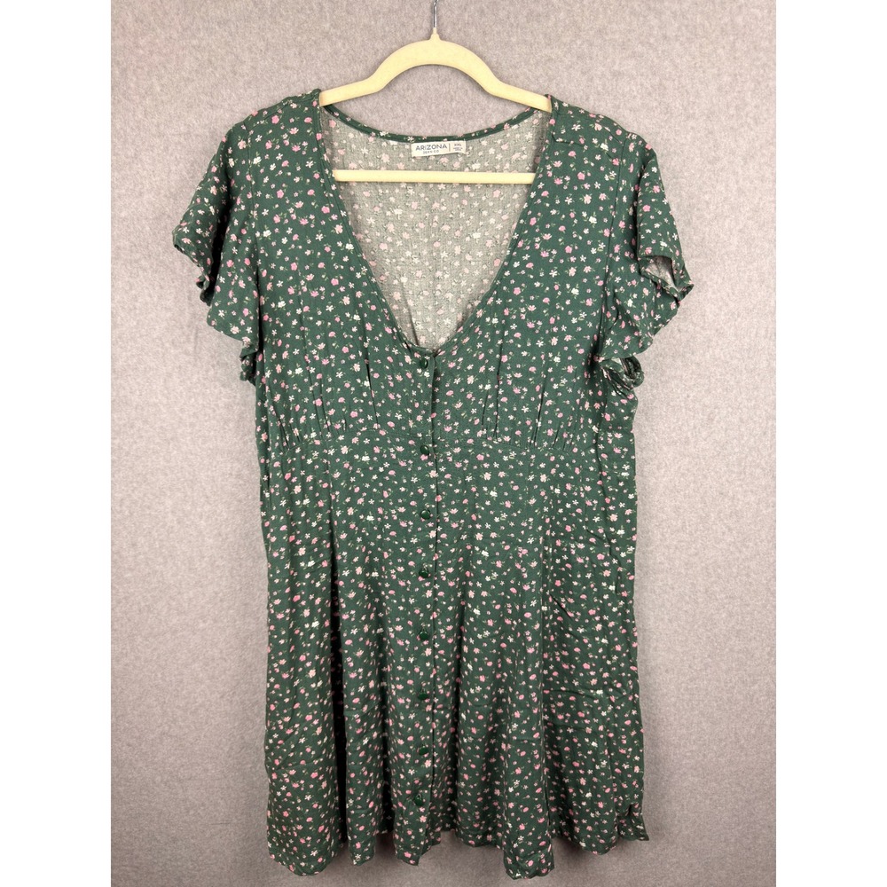 Arizona Jean Co Green Floral Ditsy Button Front Dress XXL Short Sleeve Tie Back